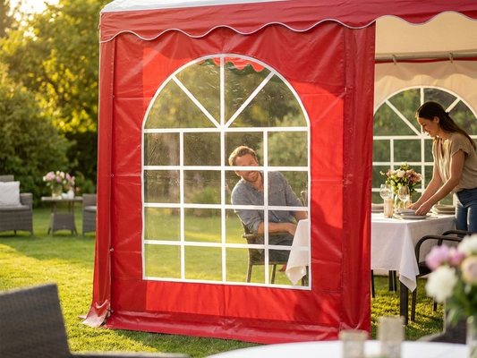 Red marquee sidewall with window, suitable for outdoor events