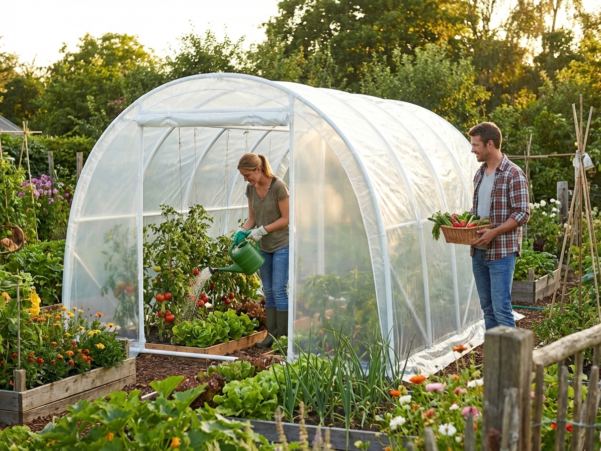 Polytunnel greenhouse with transparent foil and plastic frame - view 3
