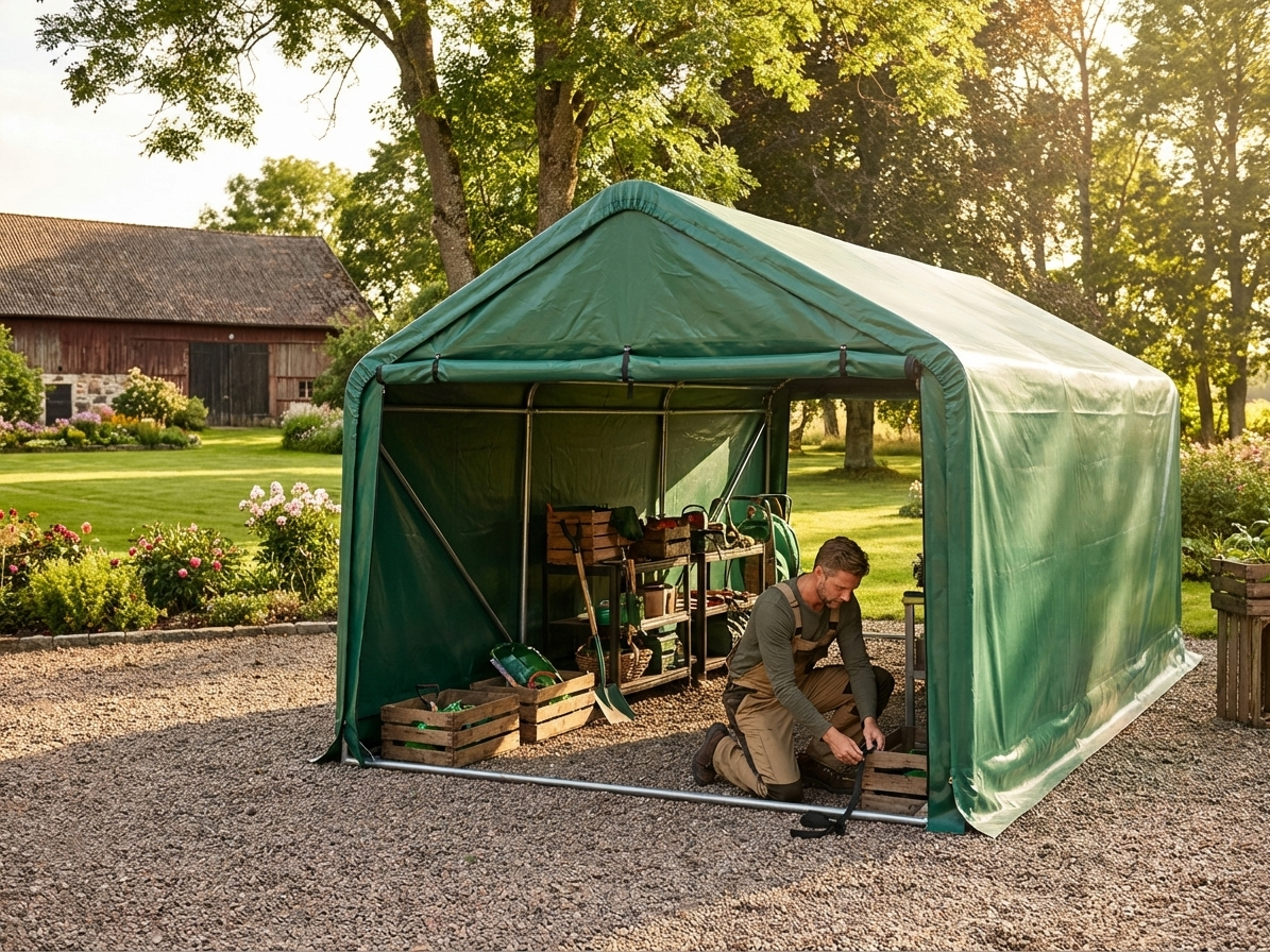 Green PVC roof cover for a 6x6m storage shelter - view 3