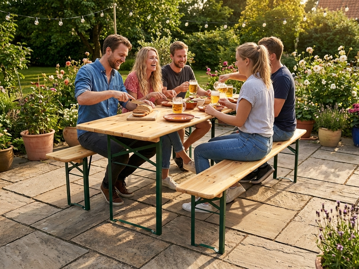 Outdoor beer table set made from pinewood and steel - view 3