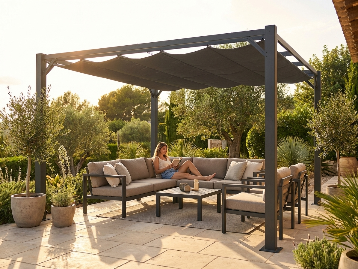 Dark grey gazebo extension with aluminium frame for outdoor use - view 3