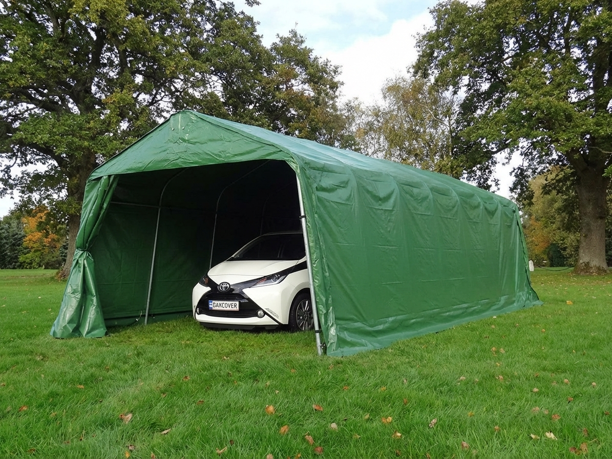 Portable Garage PRO in green, made from PVC and steel for industrial use