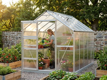 Silver greenhouse with polycarbonate panels and steel frame for outdoor use - view 3