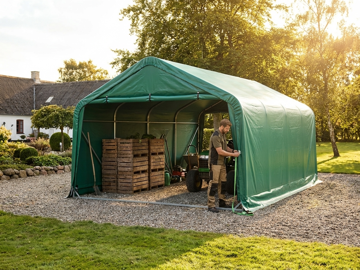 Green PVC roof cover for storage shelters, showing durable construction - view 3