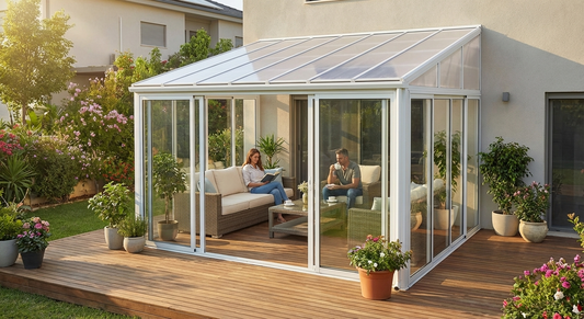 Polycarbonate conservatory with aluminium frame in white
