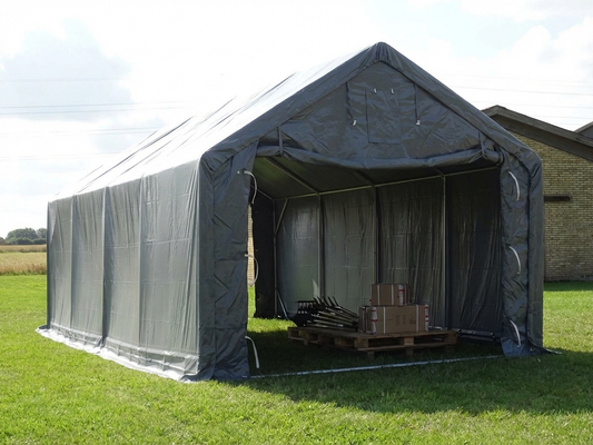 Grey PVC storage shelter for outdoor use with steel frame