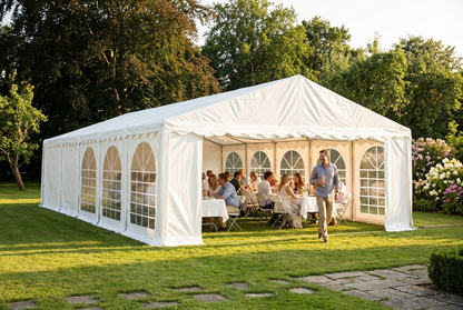 White PVC marquee with galvanised steel frame for event use