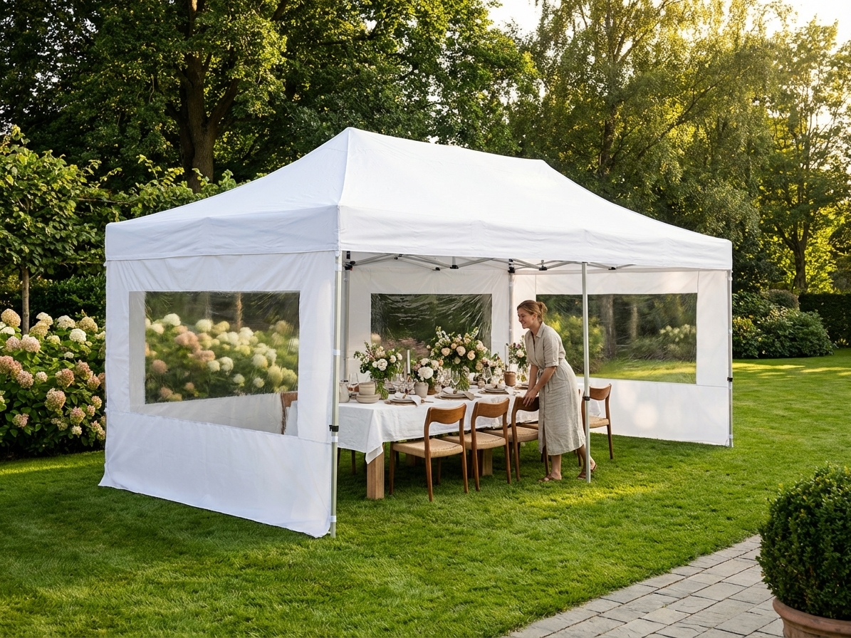 White pop up gazebo with steel frame and sidewalls - product detail
