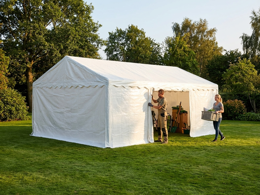 White outdoor storage tent 5x6 m with galvanised steel frame