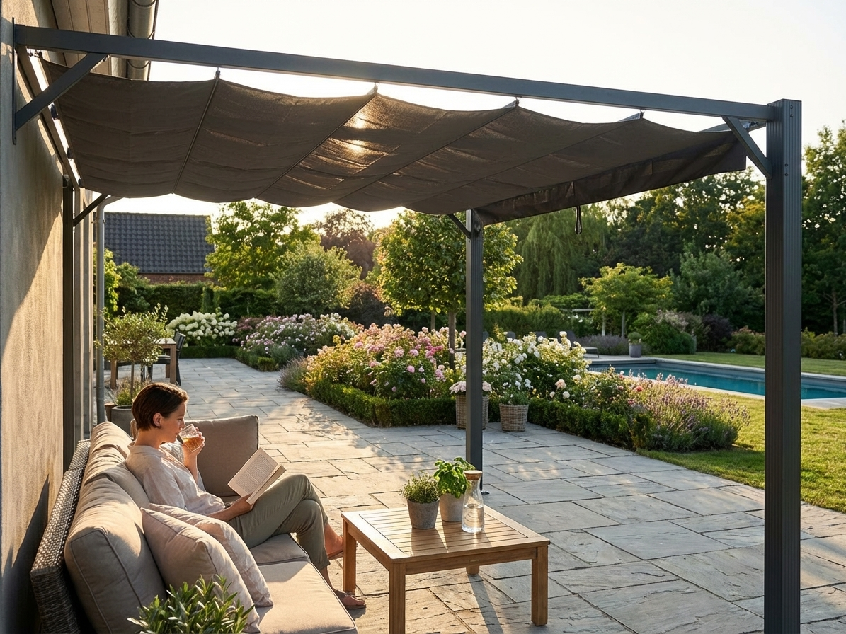 Dark grey gazebo extension with aluminium frame for outdoor use