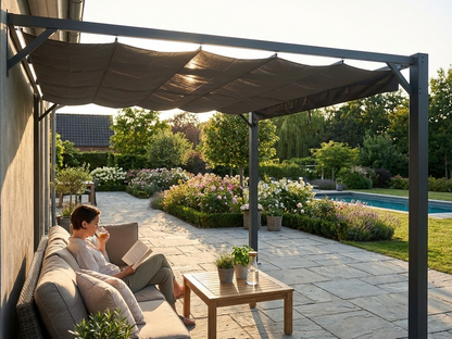 Dark grey gazebo extension with aluminium frame for outdoor use