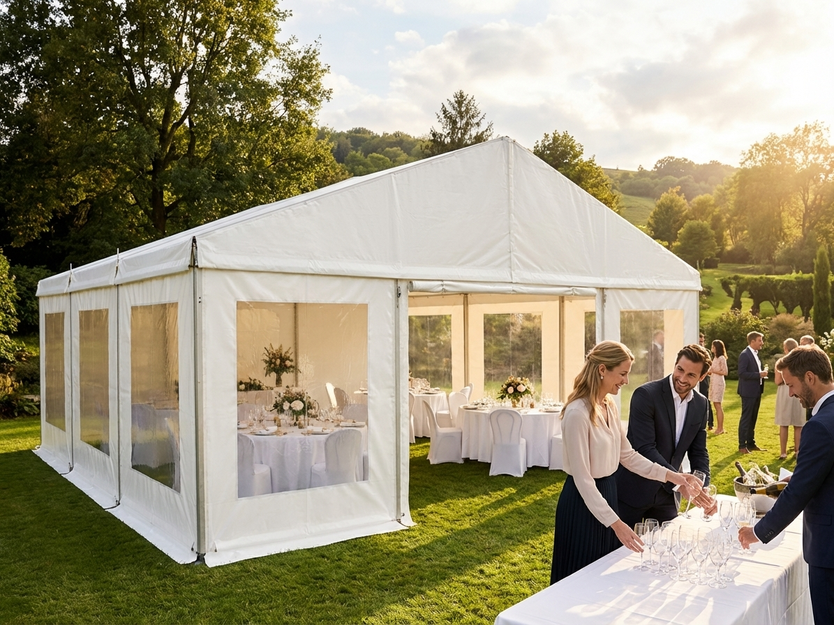 9x9 m PVC event marquee in white with aluminium frame for outdoor use - product detail