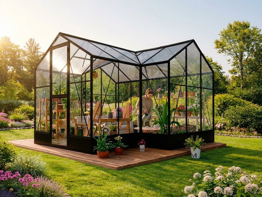 Spacious black polycarbonate and glass greenhouse