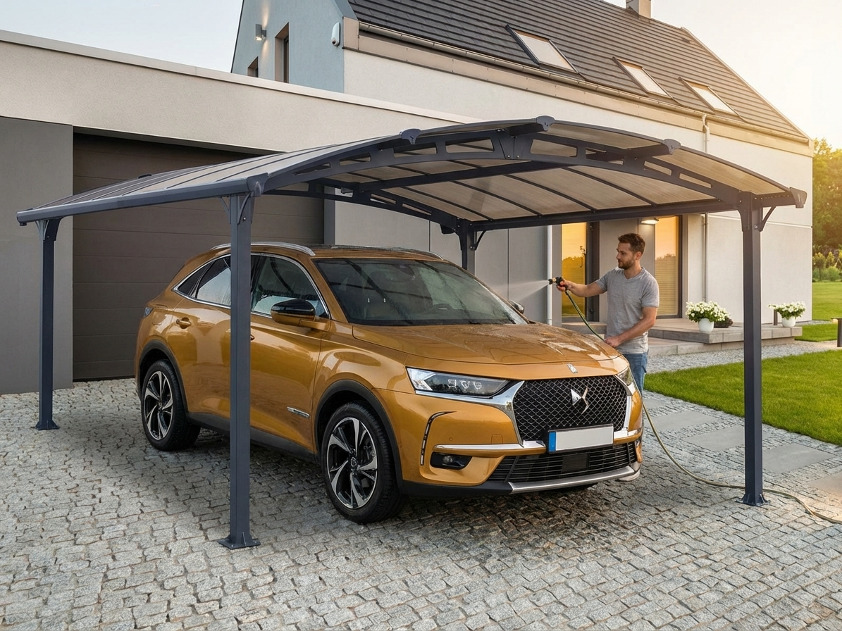 Grey polycarbonate carport with aluminium frame