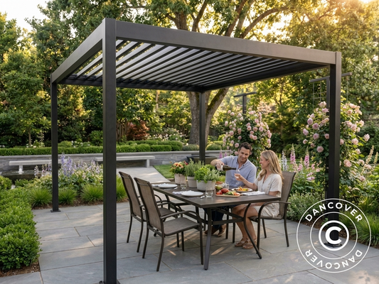 Bioclimatic pergola gazebo in black, 3x3 m outdoor steel - product detail