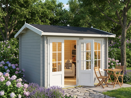 Light grey wooden cabin made from Nordic Spruce, perfect for garden use