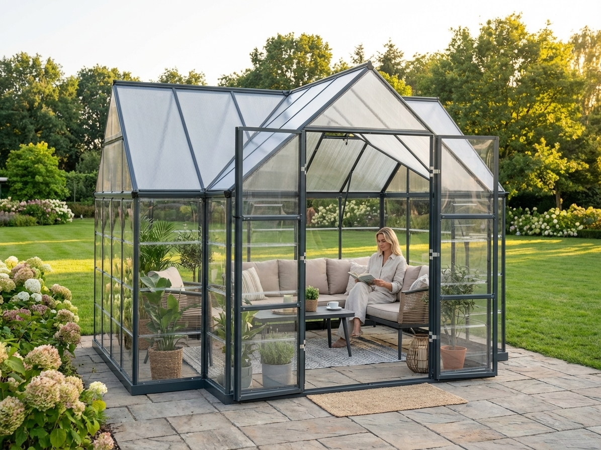 Polycarbonate orangery with aluminium frame in grey, 10.41 m²
