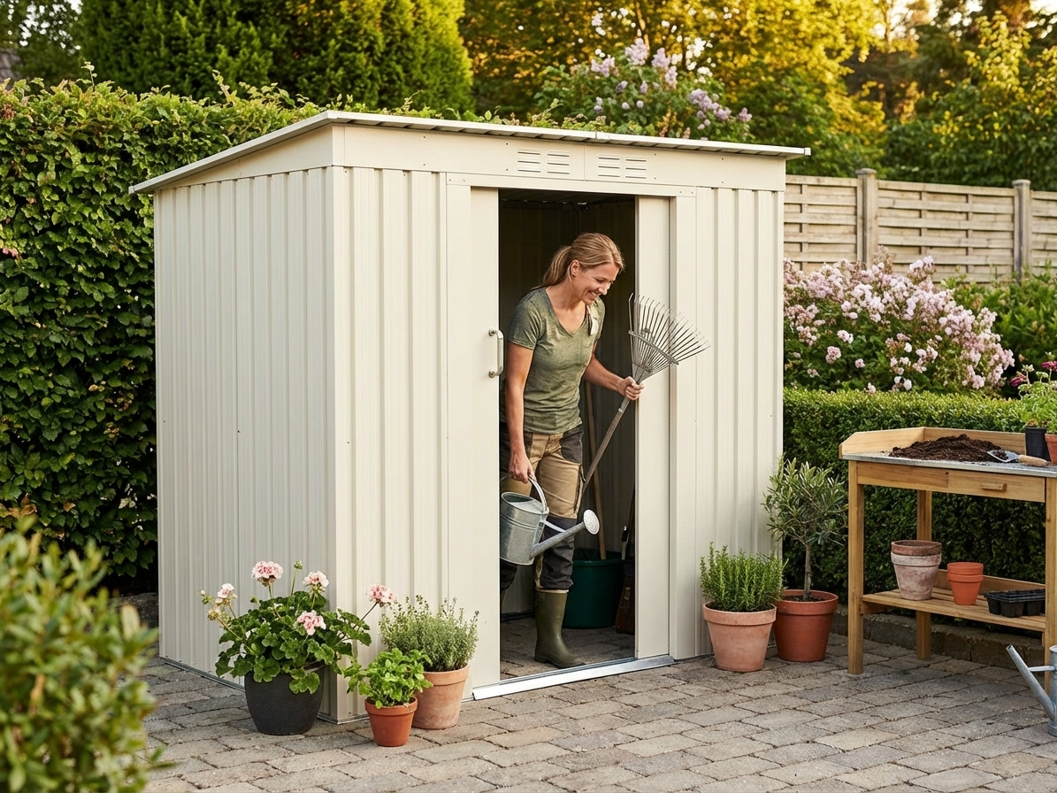 Cream garden shed made from galvanised steel for outdoor storage