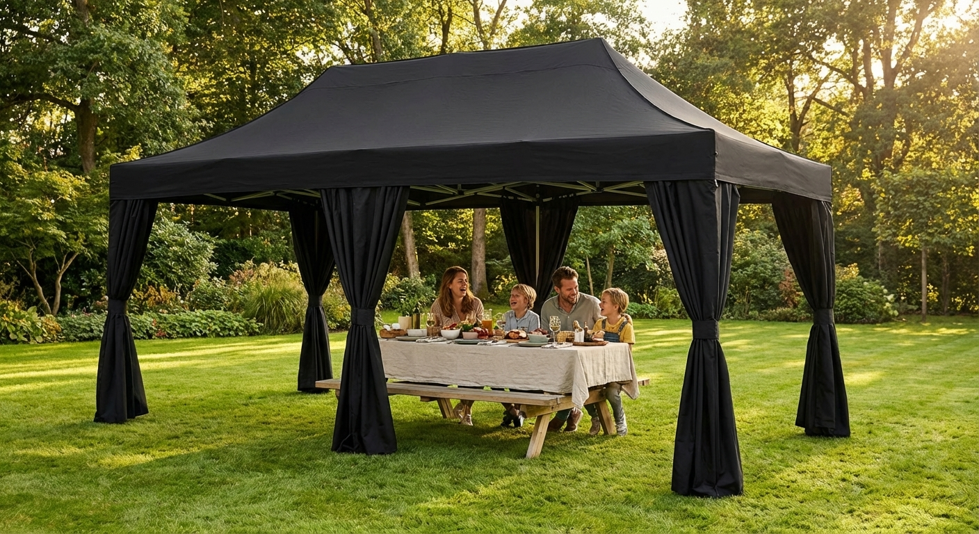 Black pop-up gazebo 3x6m with aluminium frame for outdoor use