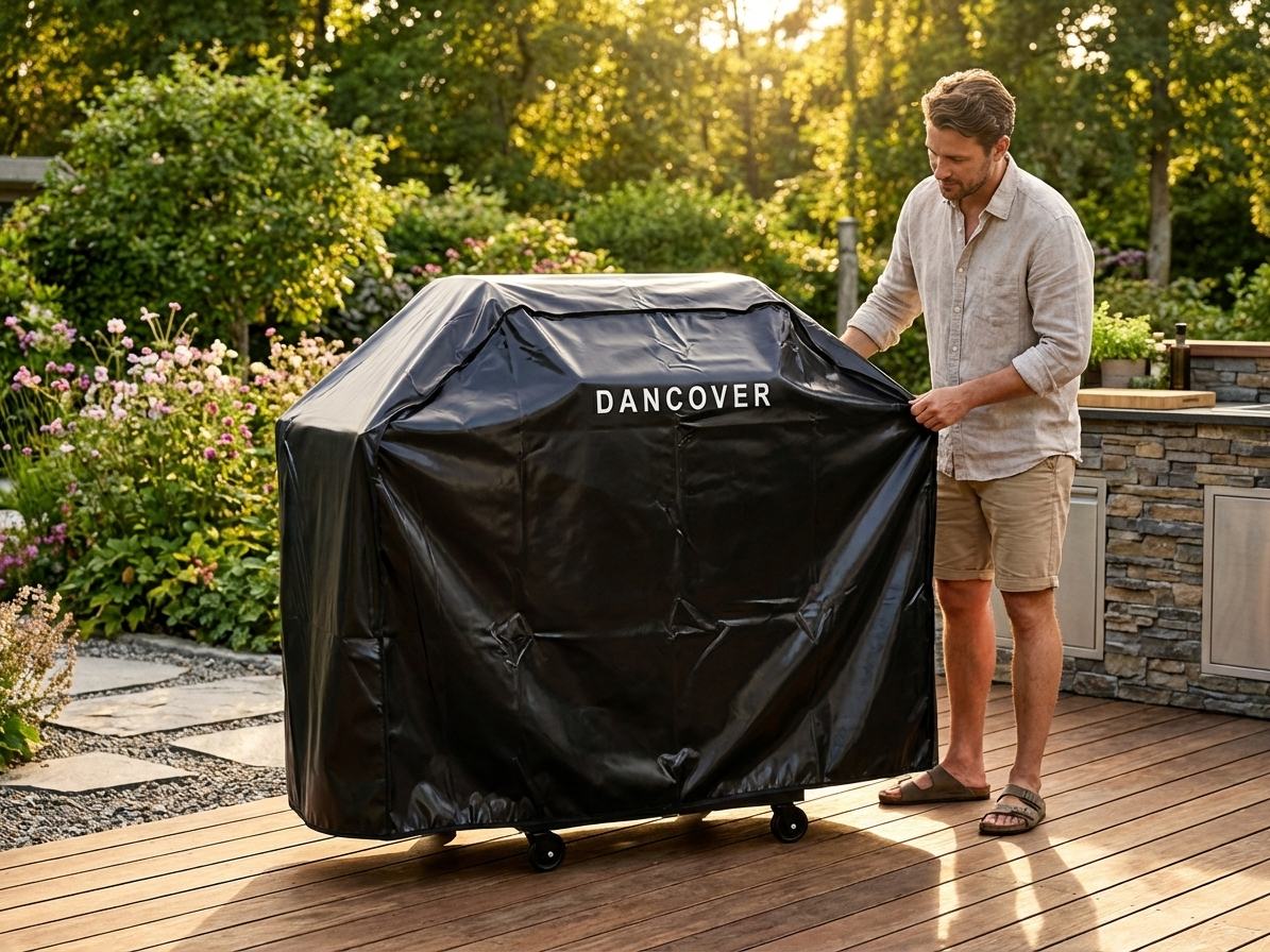 Black BBQ grill cover made from 420D Oxford fabric