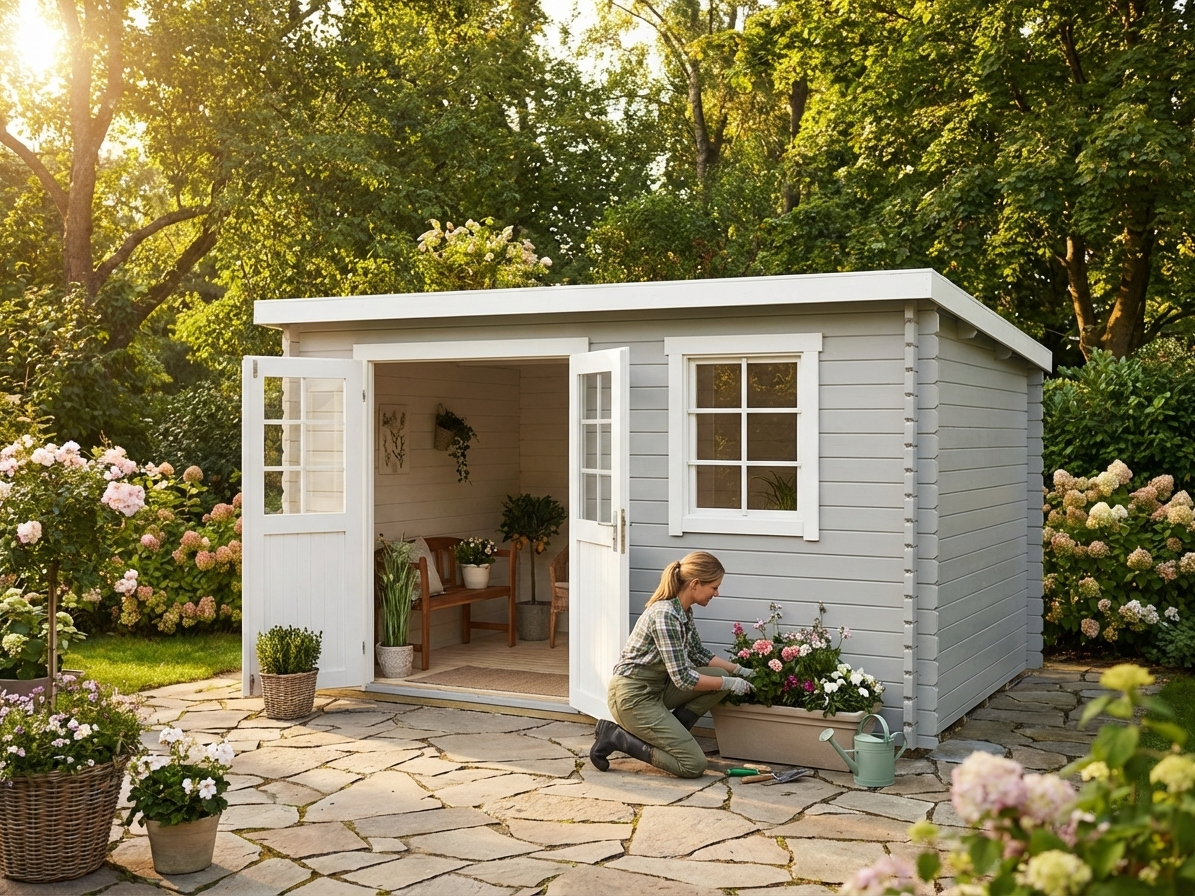 Wooden garden shed in light grey, 3.8x2.3 m, Nordic Spruce - product detail