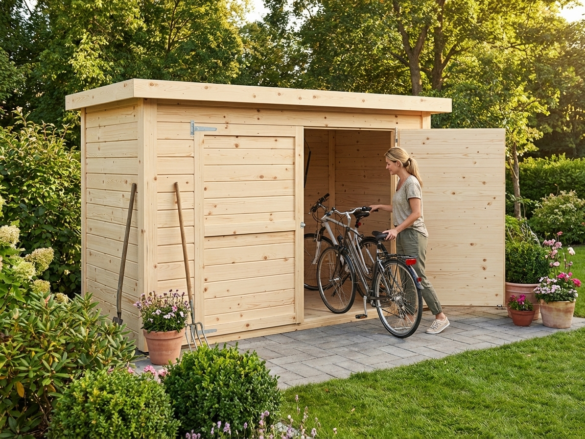 Natural wooden bike shed made from Nordic Spruce