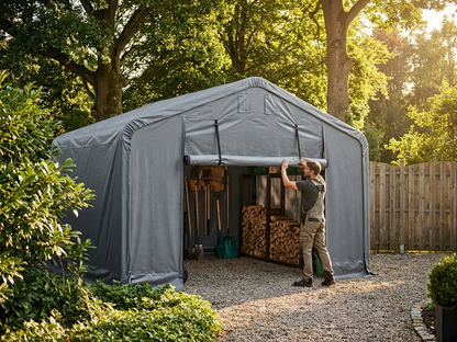 Grey storage shelter end wall 6x6 m made from PE tarpaulin - view 3
