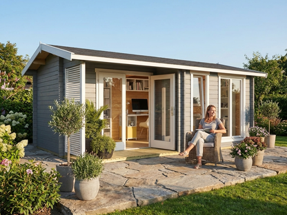 Wooden garden cabin in light grey made from Nordic Spruce - product detail