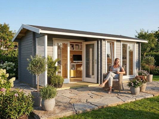 Wooden garden cabin in light grey made from Nordic Spruce - product detail
