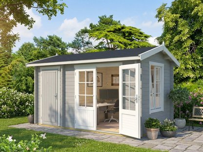 Wooden cabin with shed in light grey Nordic Spruce