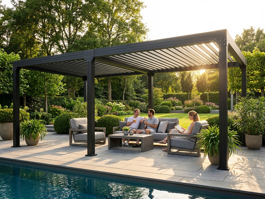 Bioclimatic pergola gazebo, 4x8 m in black for outdoor use - product detail