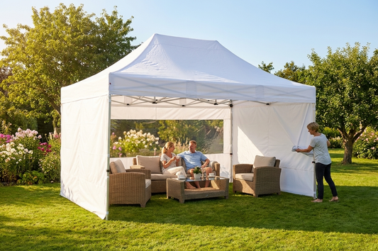 White pop-up gazebo with steel frame, ideal for outdoor events - product detail