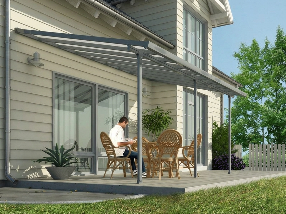 Grey aluminium and polycarbonate patio cover for outdoor shelter