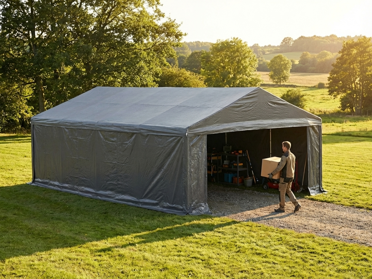 Grey storage tent 6x12m designed for industrial use