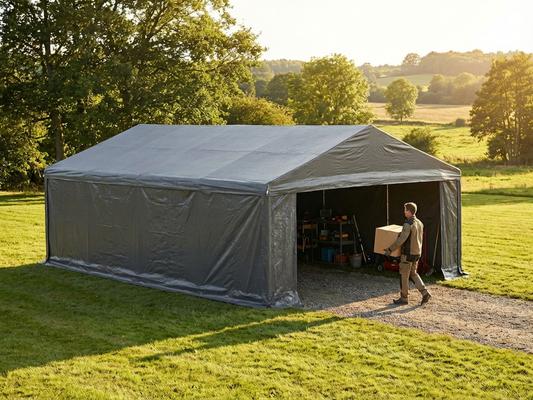 Grey storage tent 6x12m designed for industrial use