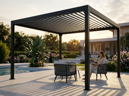 Bioclimatic pergola gazebo in black with galvanised steel roof - product detail