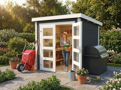 Wooden garden shed with dark grey finish made from Nordic Spruce