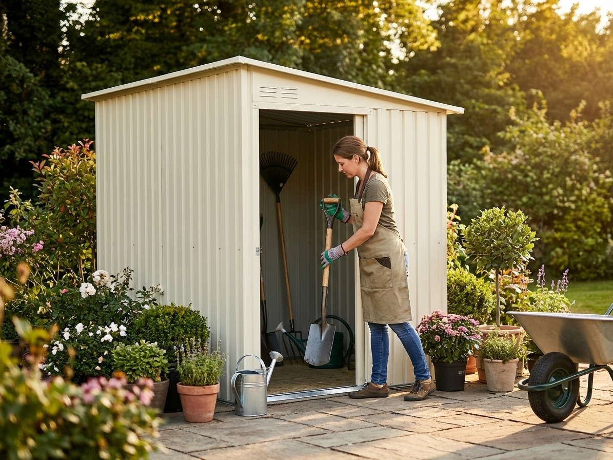 Cream garden shed made from galvanised steel for outdoor storage - view 3