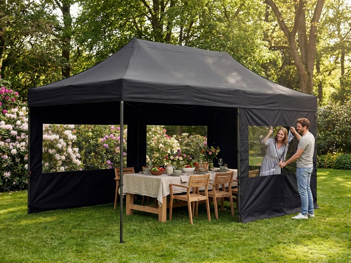 Black pop-up gazebo with steel frame for outdoor use - product detail