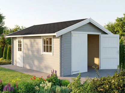 Light grey wooden garage made from Nordic Spruce, ideal for domestic use