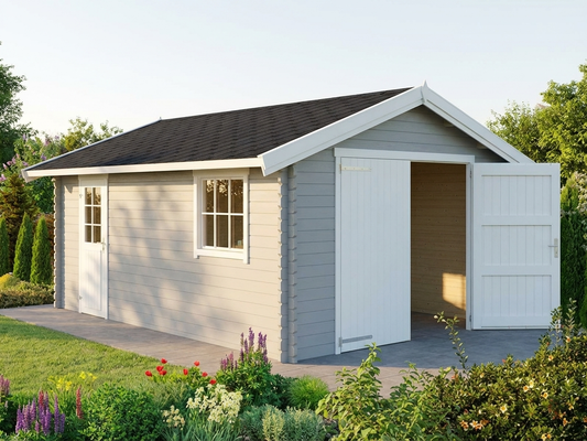 Light grey wooden garage made from Nordic Spruce, ideal for domestic use