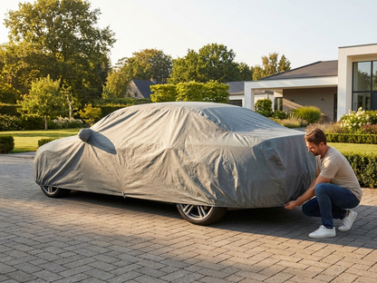 Grey car cover providing outdoor protection - view 3