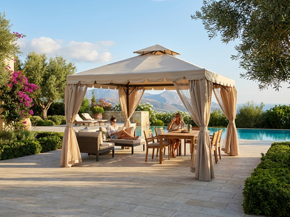 Sand coloured 4x4 m gazebo with steel frame for outdoor events - view 3