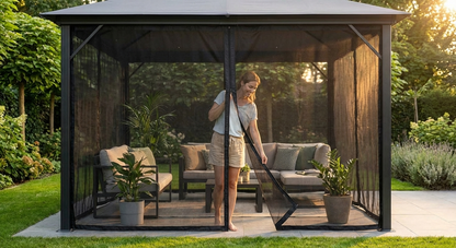 Black mesh curtain for gazebo, polyester material, 3x6 meters