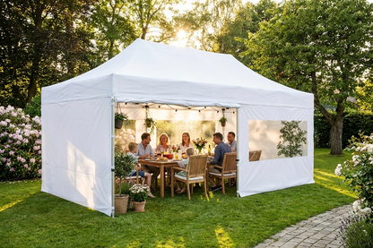 White pop up gazebo with steel frame for outdoor events