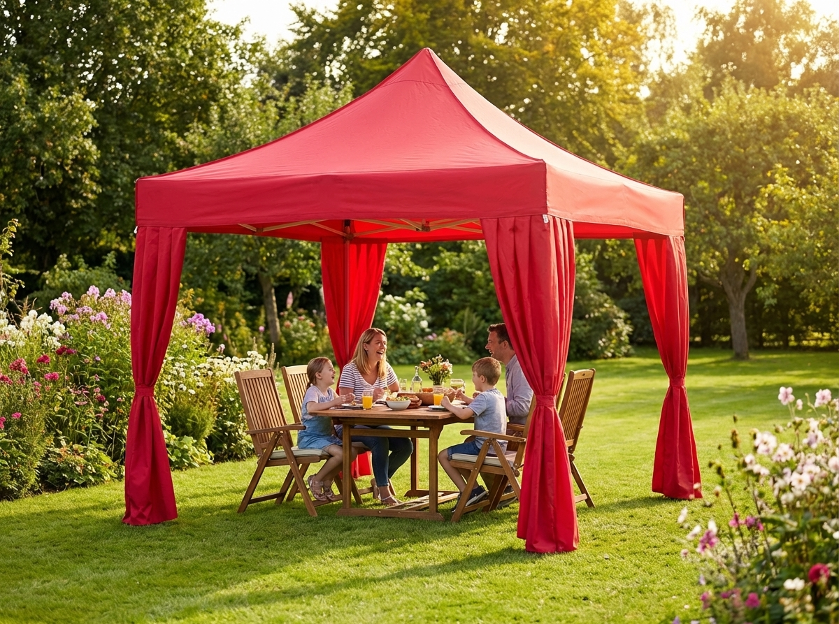 Red pop up gazebo with steel frame and decorative curtains - view 3