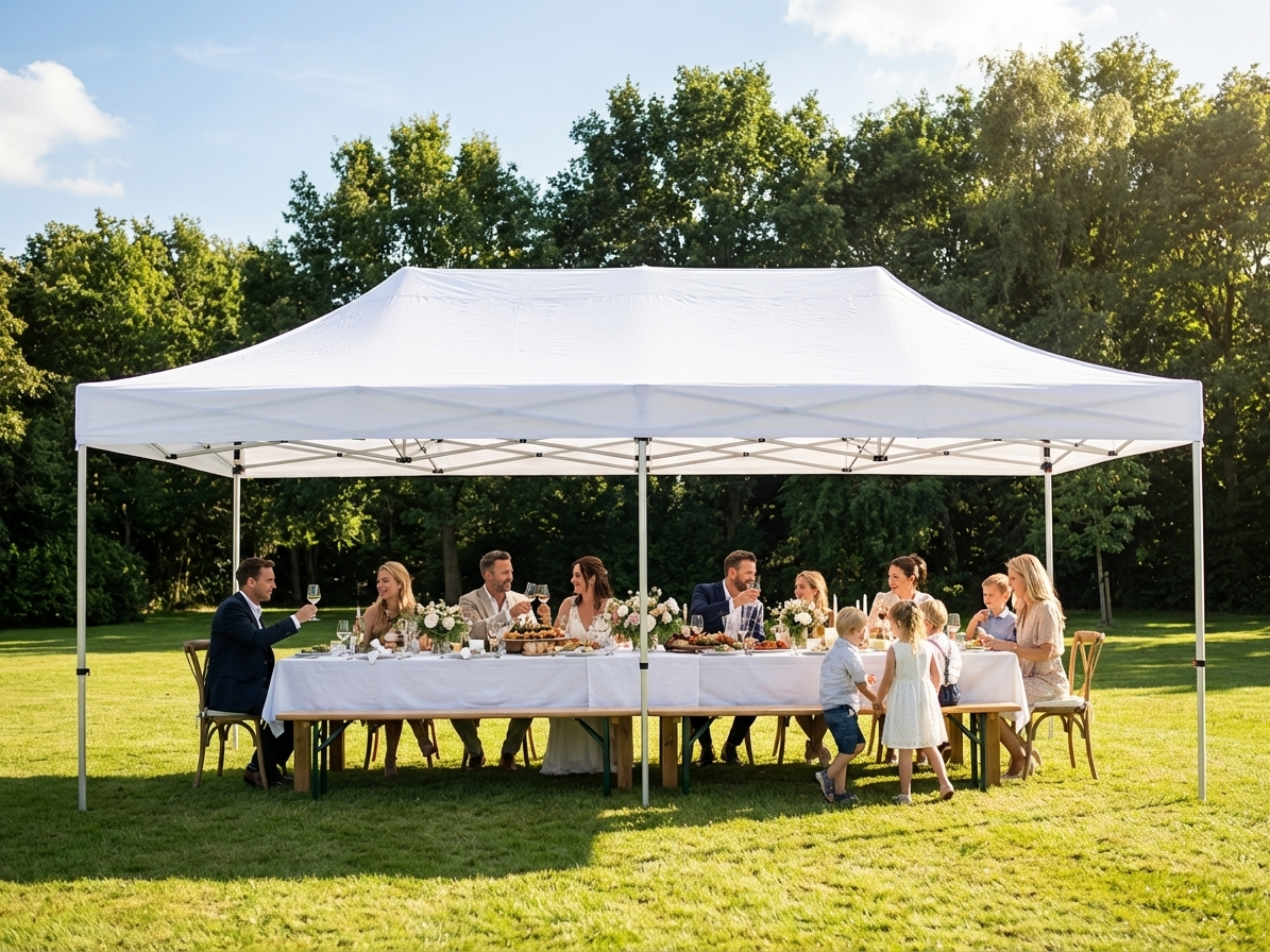 White pop up gazebo with steel frame for outdoor events