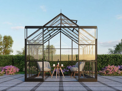 Greenhouse glass with black aluminium frame in garden setting - product detail