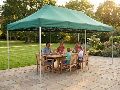 Green pop-up gazebo with steel frame for outdoor events