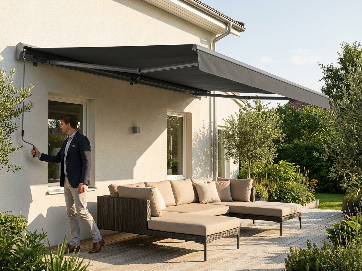 Grey awning with crank handle, perfect for outdoor use - product detail